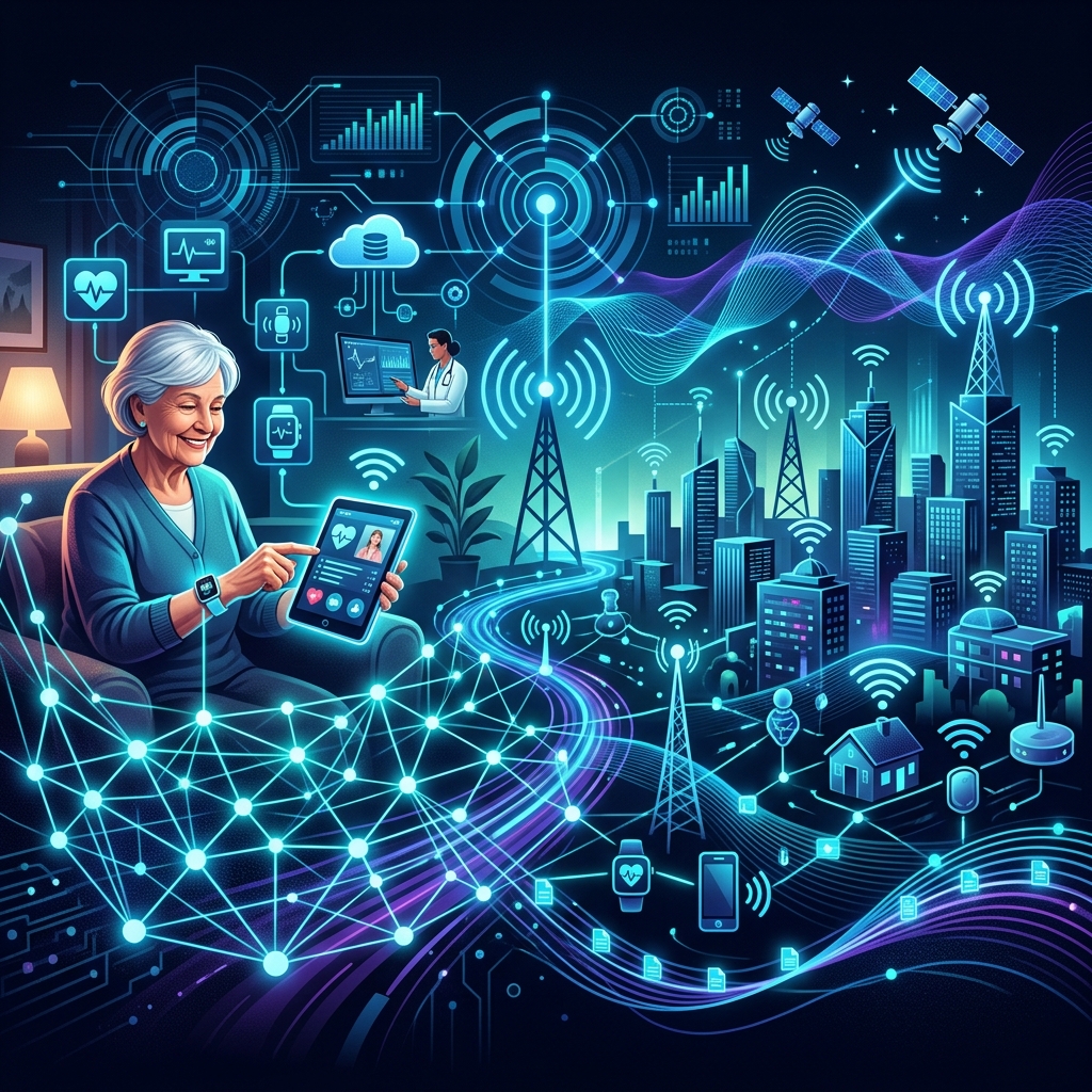 A modern, tech-focused banner image representing a Resilient Wireless Future for telecare